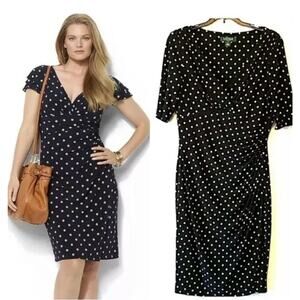 LAUREN RALPH LAUREN Womens Black Polka Stretch RuchedWaist Dress Size 14